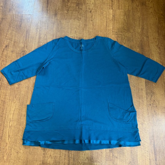 LOGO Lori Goldstein Tops - LOGO Lori Goldstein Tunic Women XL Teal 3/4 Sleeve Pocket A203821 Layered Hem